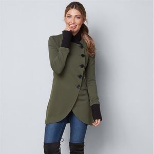 Tunic-length olive green asymmetrical cardigan